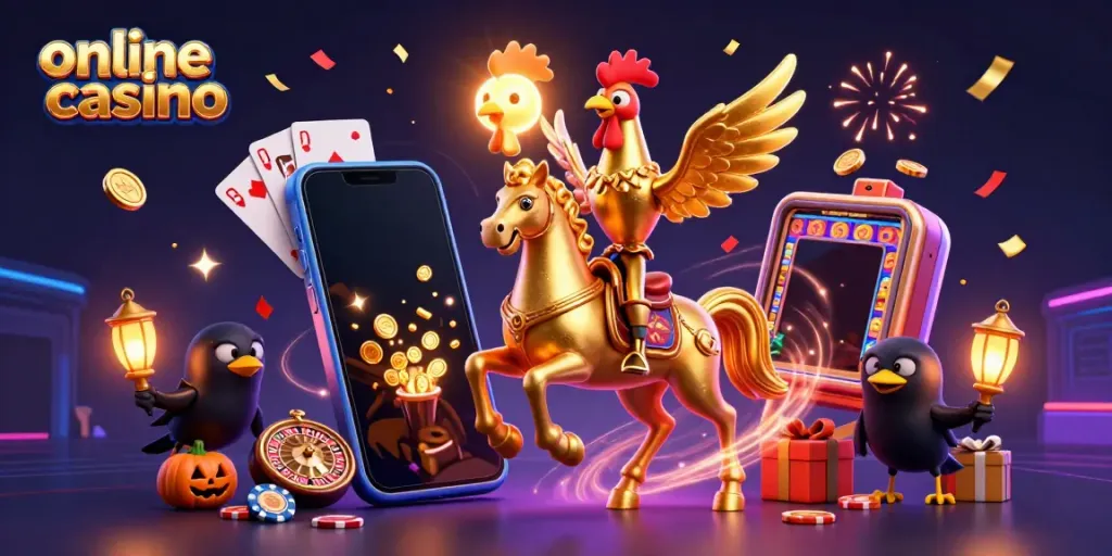 Experience an exciting online casino atmosphere with the golden rooster and friends in a vibrant 3D illustration.