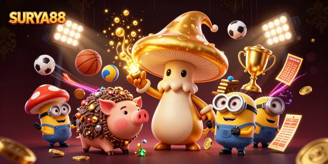 SURYA88 showcases magical casino fun with a golden mushroom wizard, treasure pig, and dynamic sports elements.