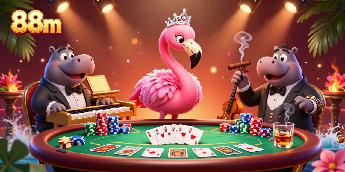 Experience winning moments at 88m, with a lively flamingo singer and hippo bassist in a vibrant casino scene.