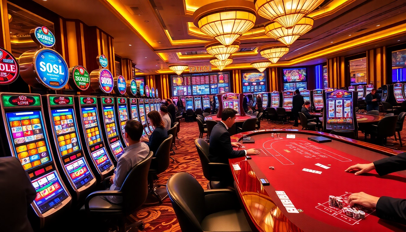 The qqmacan-themed casino scene showcasing players engaged with vibrant slot machines and elegant gaming tables.
