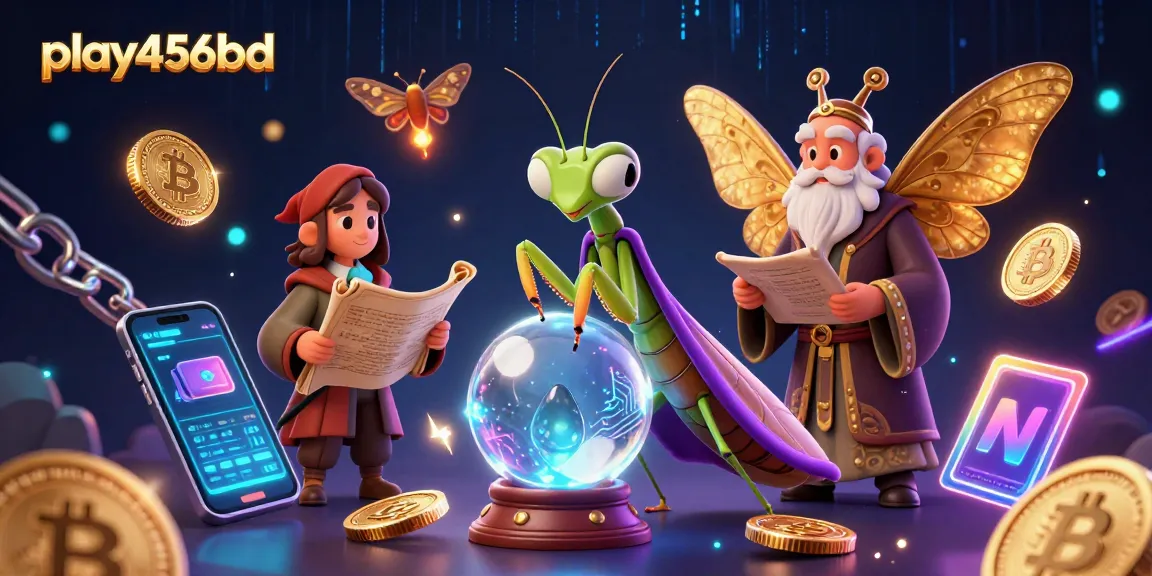 Engage with play456bd's mystical 3D illustration: fortune teller, moth librarian, and crypto elements!