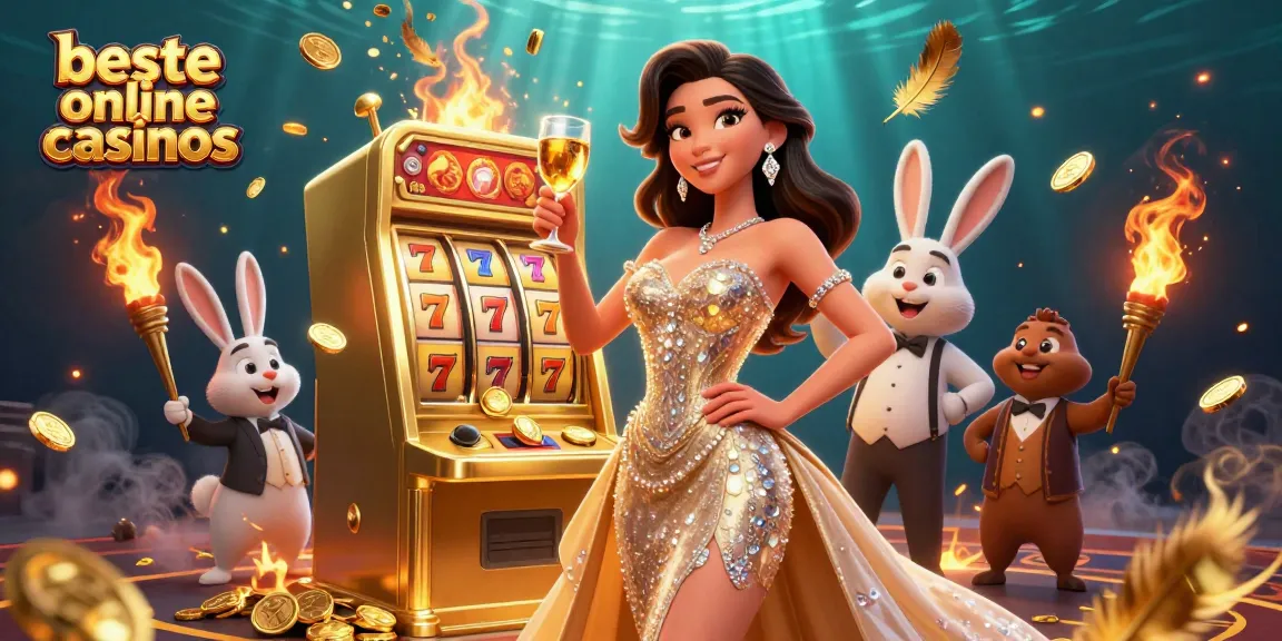 Experience the thrill at beste online casinos with a captivating 3D scene featuring a woman celebrating beside a jackpot slot machine.