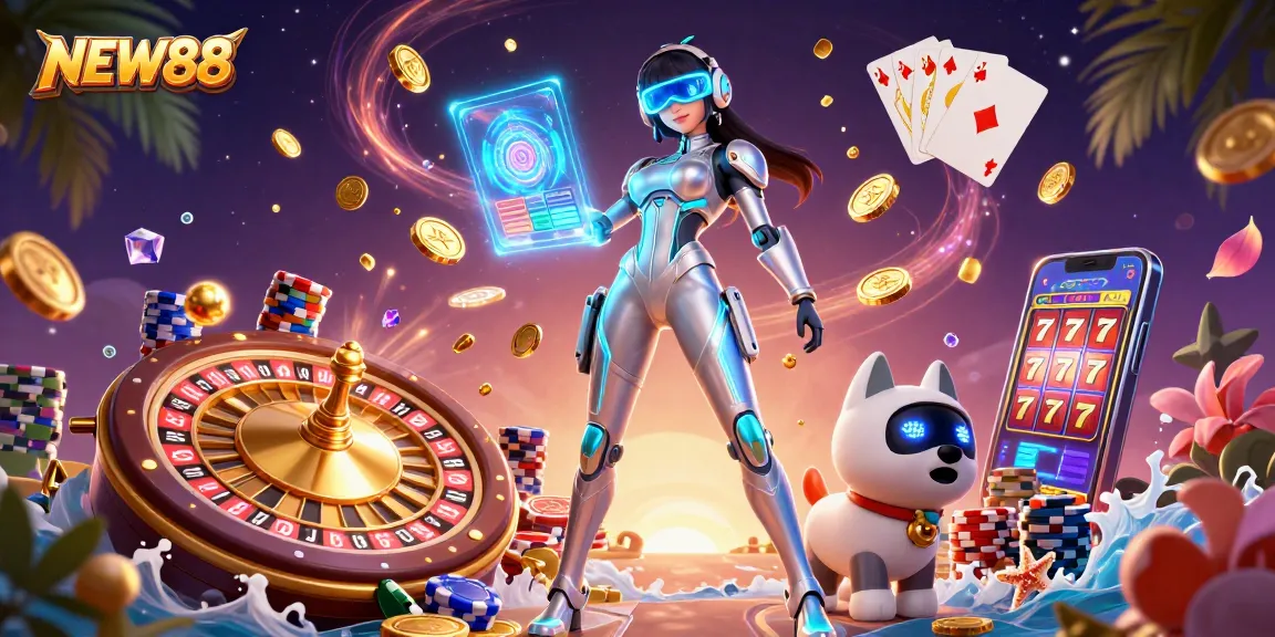 Experience the excitement at NEW88 with a dynamic 3D illustration showcasing casino elements and gaming action.