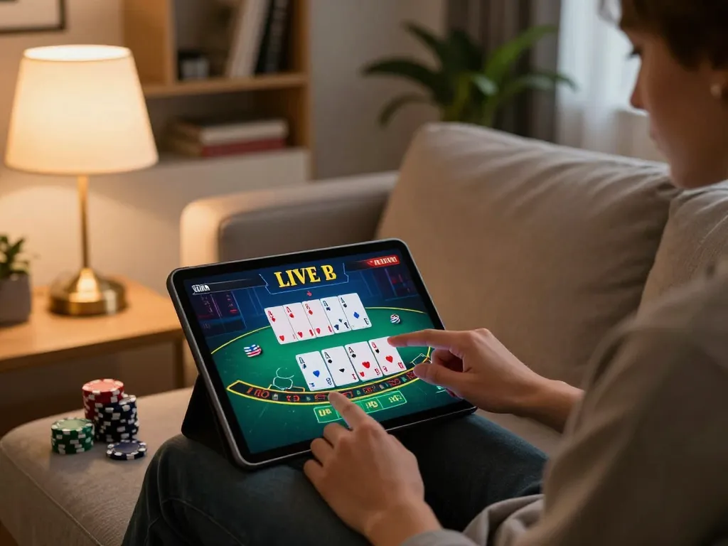 Player enjoying a live dealer game at net88, showcasing strategic betting decisions.