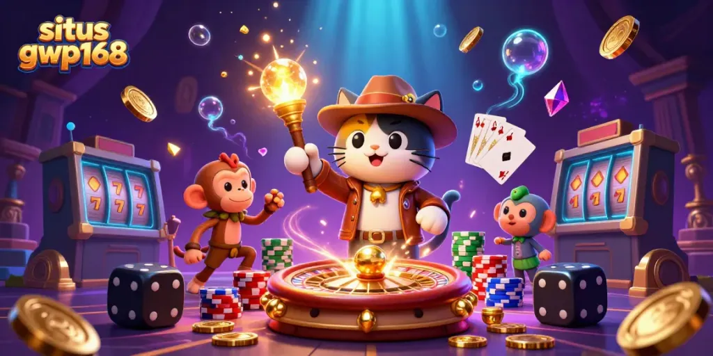 Jelajahi situs gwp168 dengan ilustrasi kucing arkeolog 3D dan harta kasino yang berkilau.