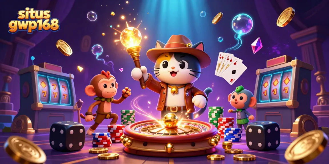 Jelajahi situs gwp168 dengan ilustrasi kucing arkeolog 3D dan harta kasino yang berkilau.