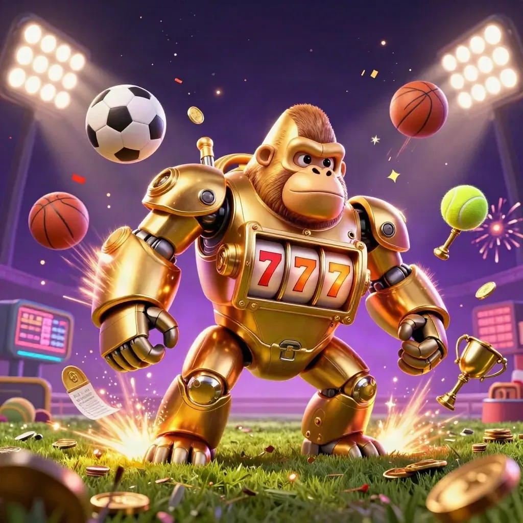Golden gorilla mech with flying sports balls, coins, trophy, lights, and fireworks in a casino glow.