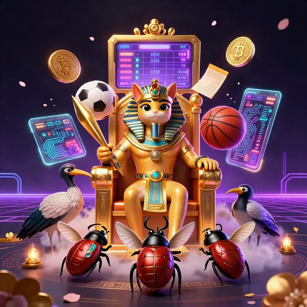 Pharaoh cat, ibis scribe and gem-winged scarabs amid casino coins, balls, lightning and neon fog.
