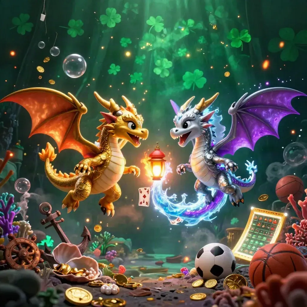 Gold and silver dragons swirl above treasure, cards, coins, and casino glow in a dark emerald scene.