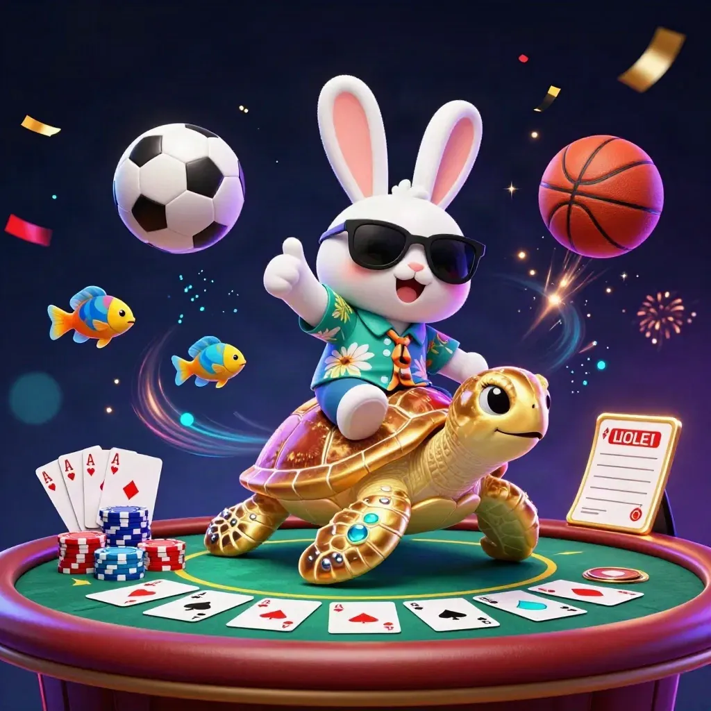 Lucky rabbit on gem-shell turtle amid casino chips, cards, sports balls, and neon sparks.
