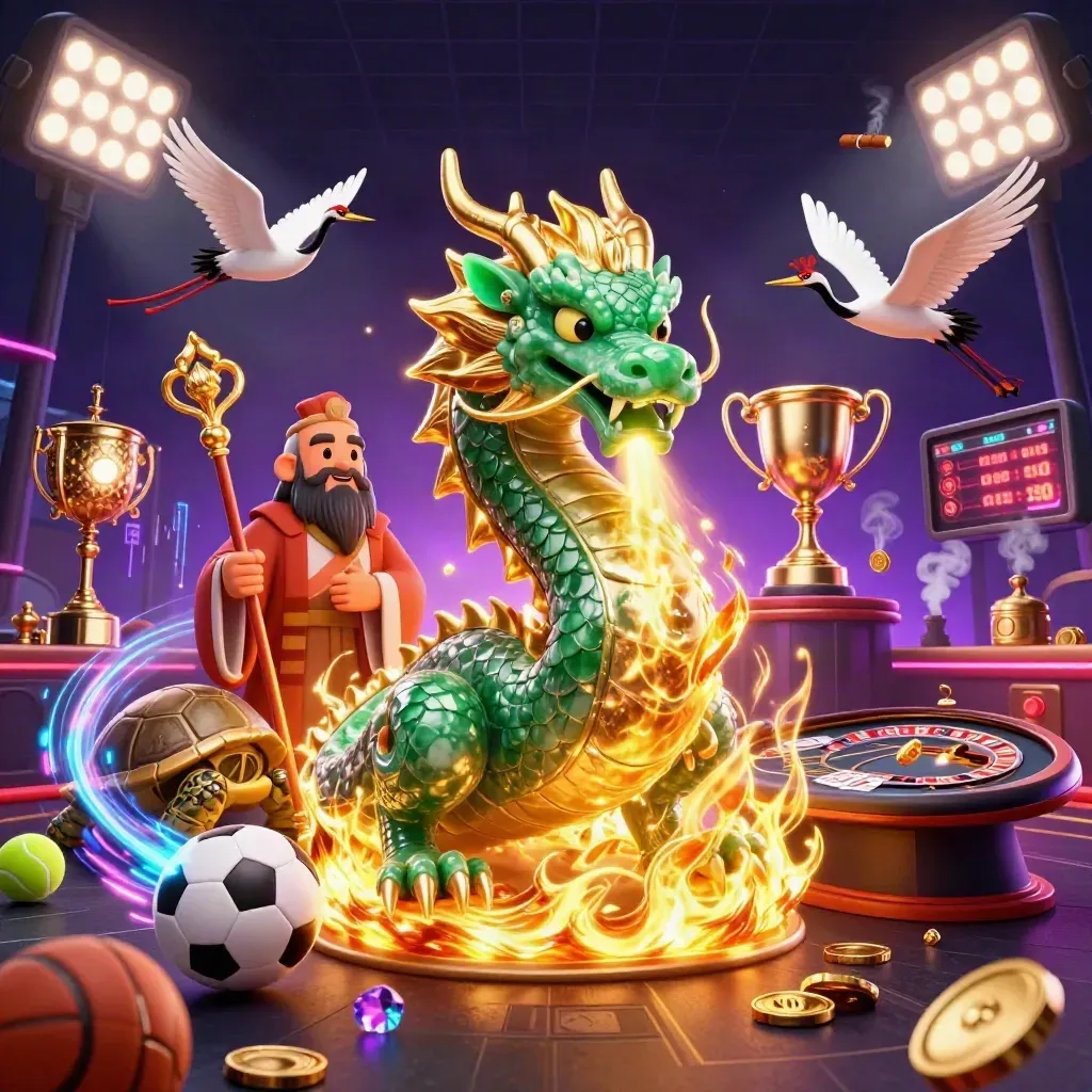 Jade dragon, turtle sage, and cranes amid casino lights, coins, sports balls, and neon energy.