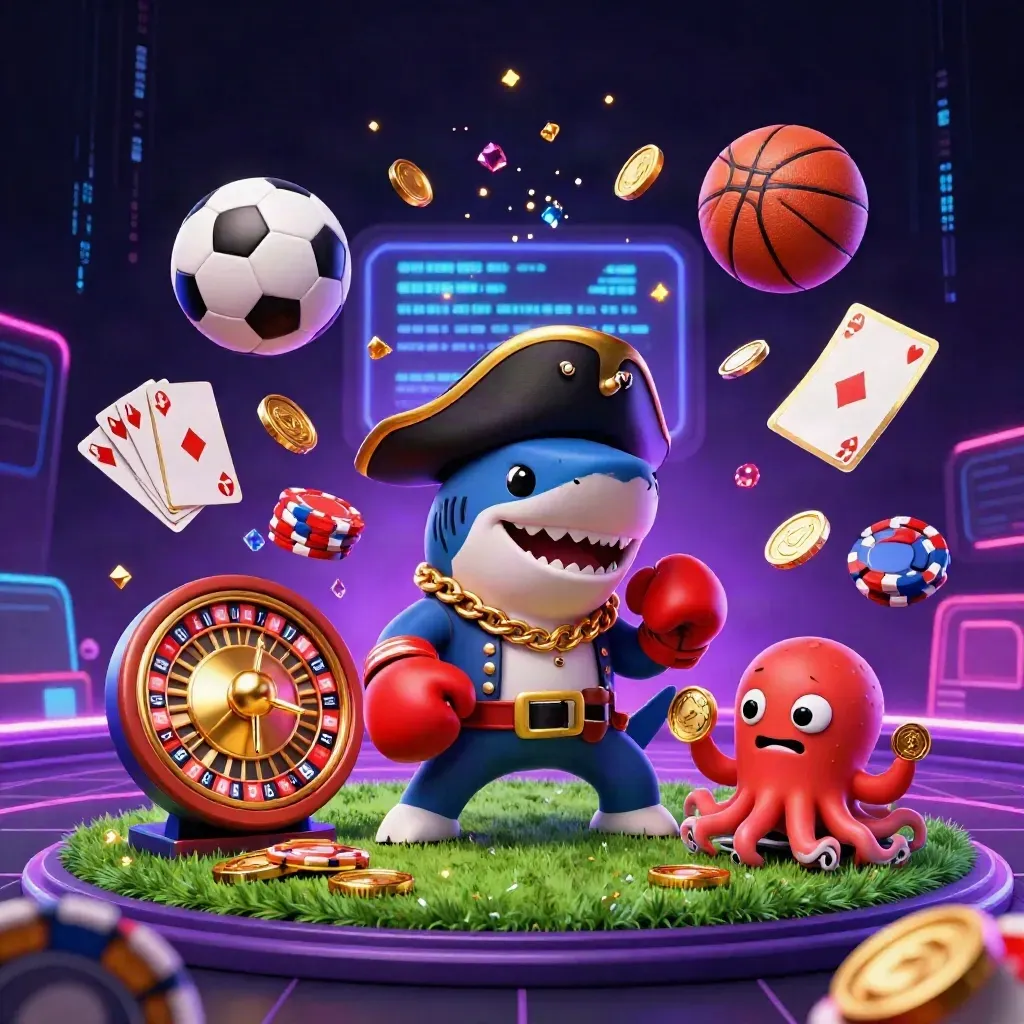 Pirate shark, pufferfish, and octopus amid jackpots, coins, balls, and neon casino chaos