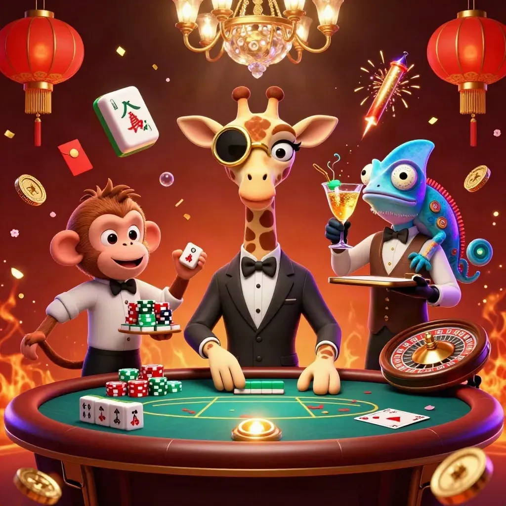 High-roller giraffe, monkey valet, and chameleon bartender in a neon casino scene