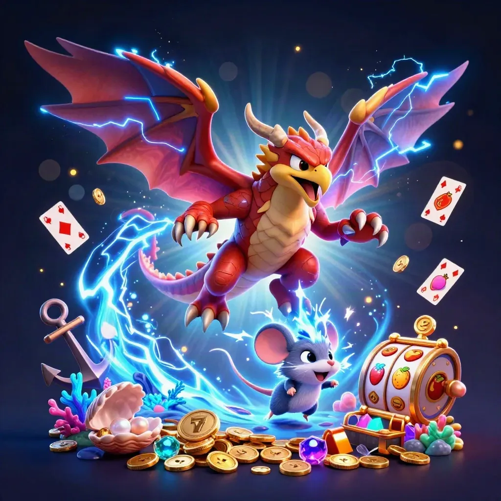 Dragon, hawk, and mouse amid coins, gems, coral, and casino sparks in a dark luxe glow.
