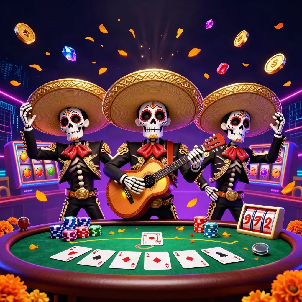 Skeleton mariachi trio amid jackpot chips, cards, and neon purple casino energy.