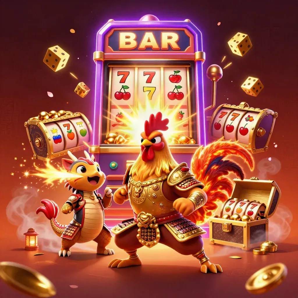 Rooster warrior, dragon hatchling, and fortune cat amid jackpot burst and casino treasure