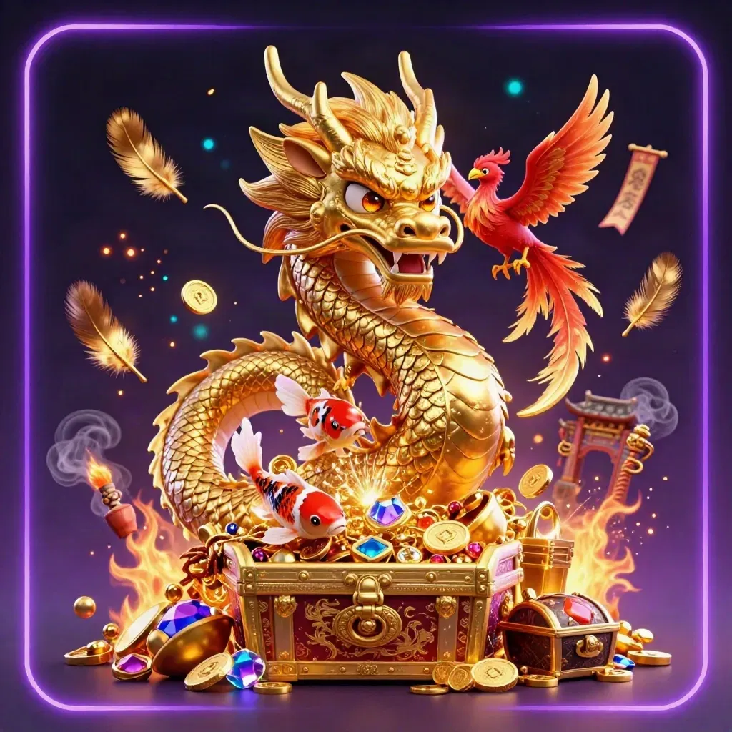 Golden dragon, phoenix, and koi bursting treasure in neon casino fantasy art
