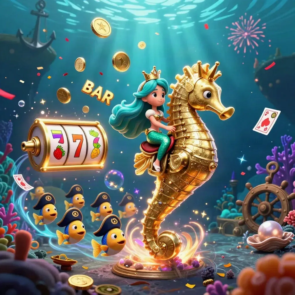 Mermaid princess on a gold seahorse amid coins, fish, coral, fireworks, and slot symbols underwater.