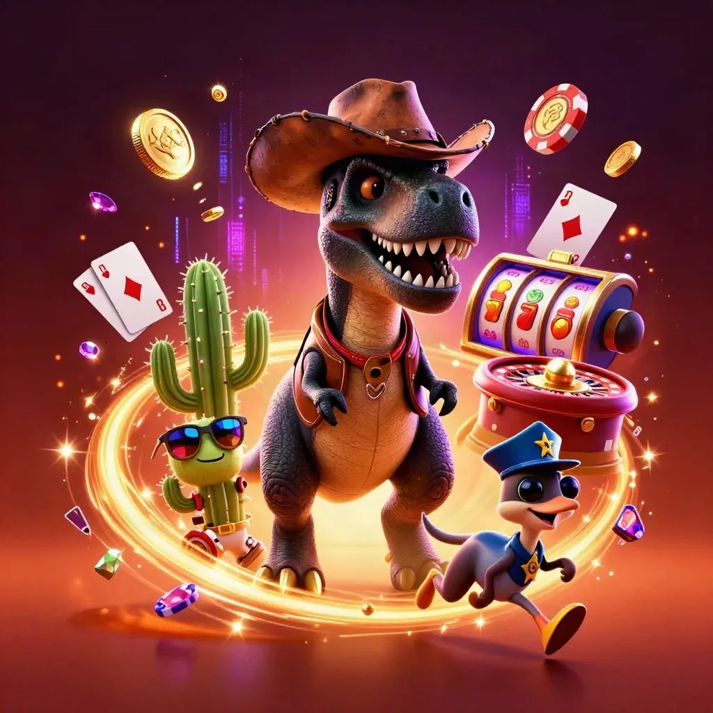 Cowboy T-Rex, cactus sidekick, and sheriff roadrunner blasting casino loot in neon purple glow.