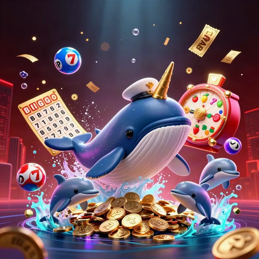 Whale captain, narwhal and dolphins burst through coins with jackpots, wheels and glowing casino effects.