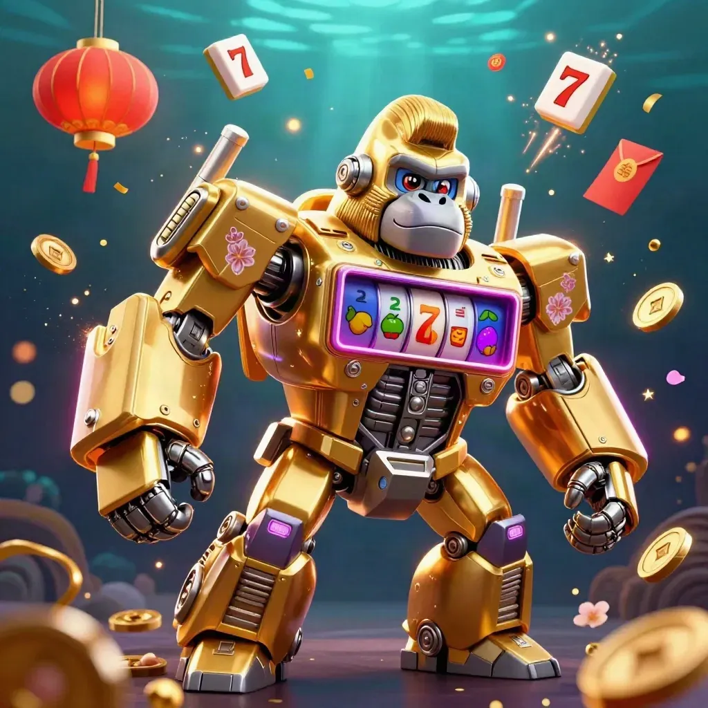 Golden gorilla slot mech with monkey pilot, reels, lanterns, coins, and jackpot effects