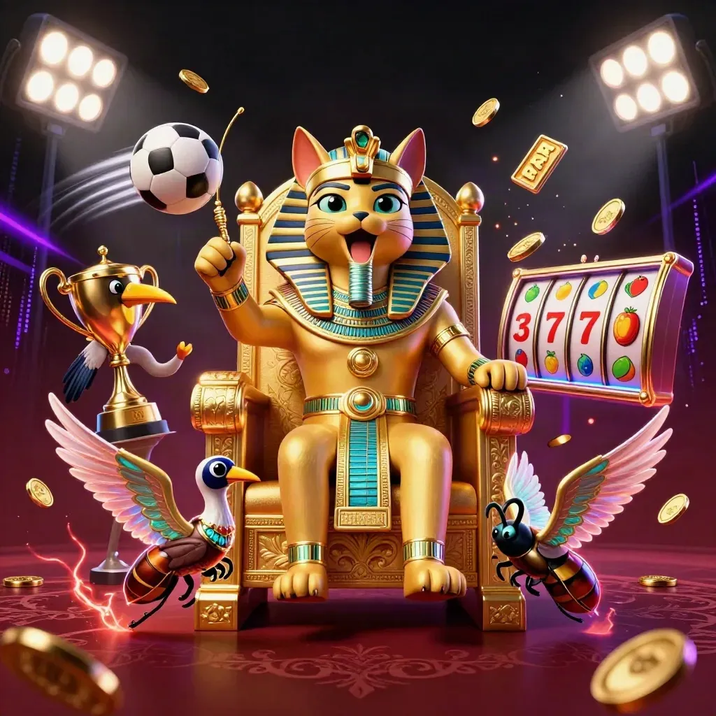 Pharaoh cat on a throne with ibis scribe, scarabs, and casino symbols in neon gold glow.