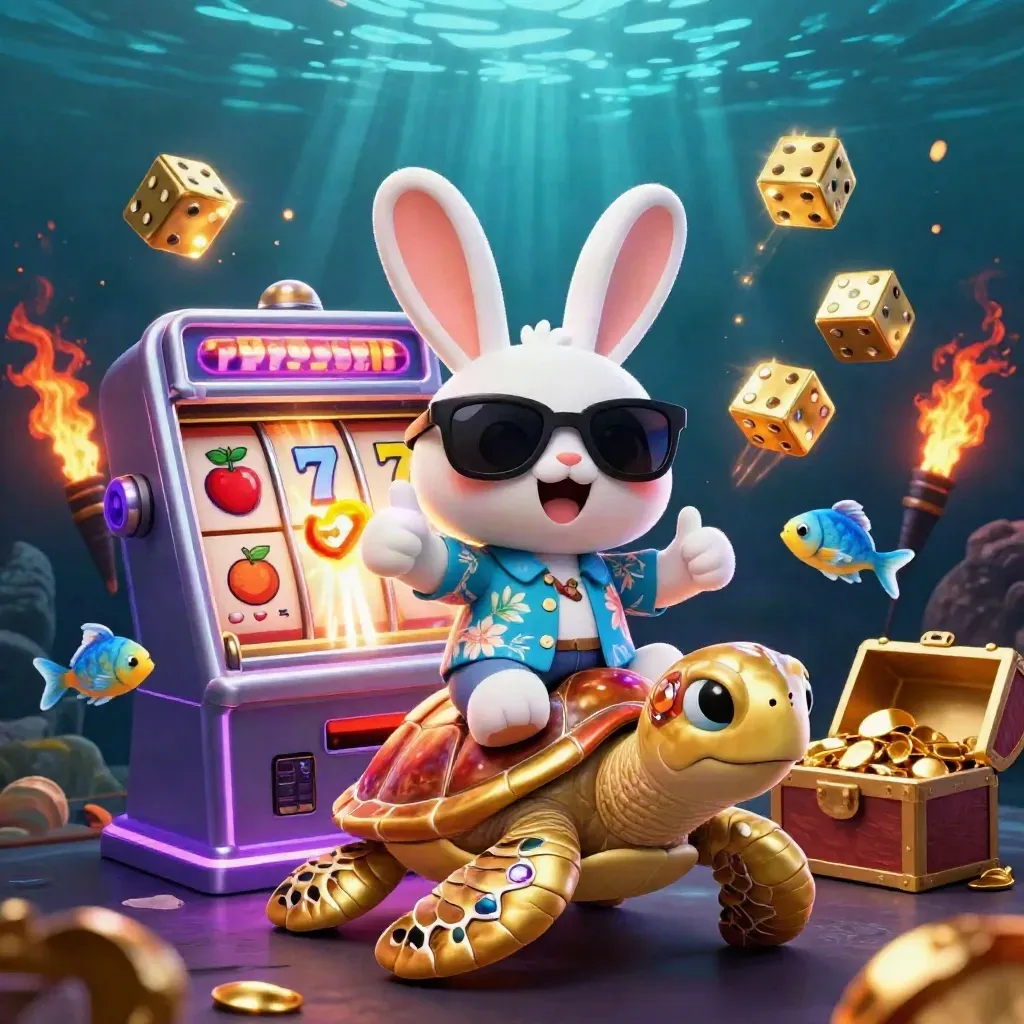 Rabbit on a golden sea turtle with slot machine bursts, dice, treasure, and underwater glow.