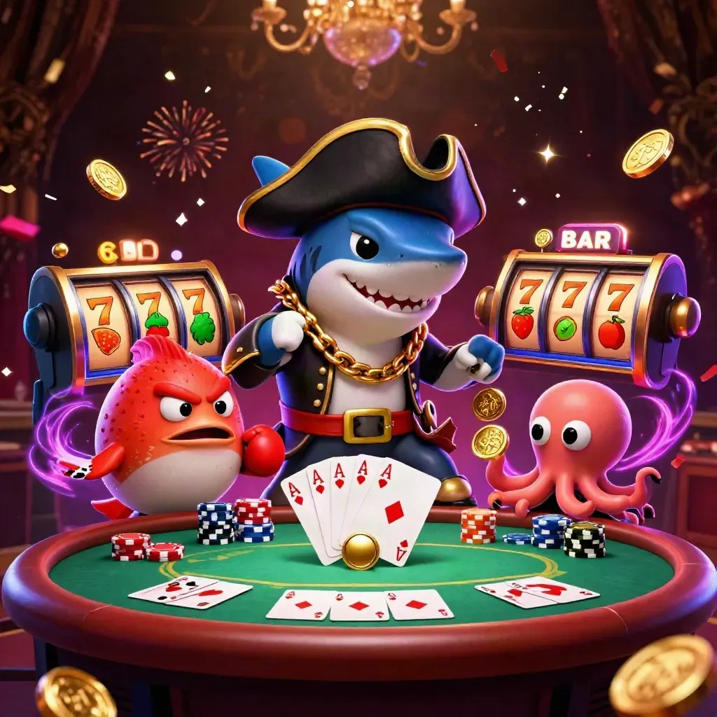 Pirate shark, boxing pufferfish, and coin-juggling octopus amid jackpot slots and poker chips.