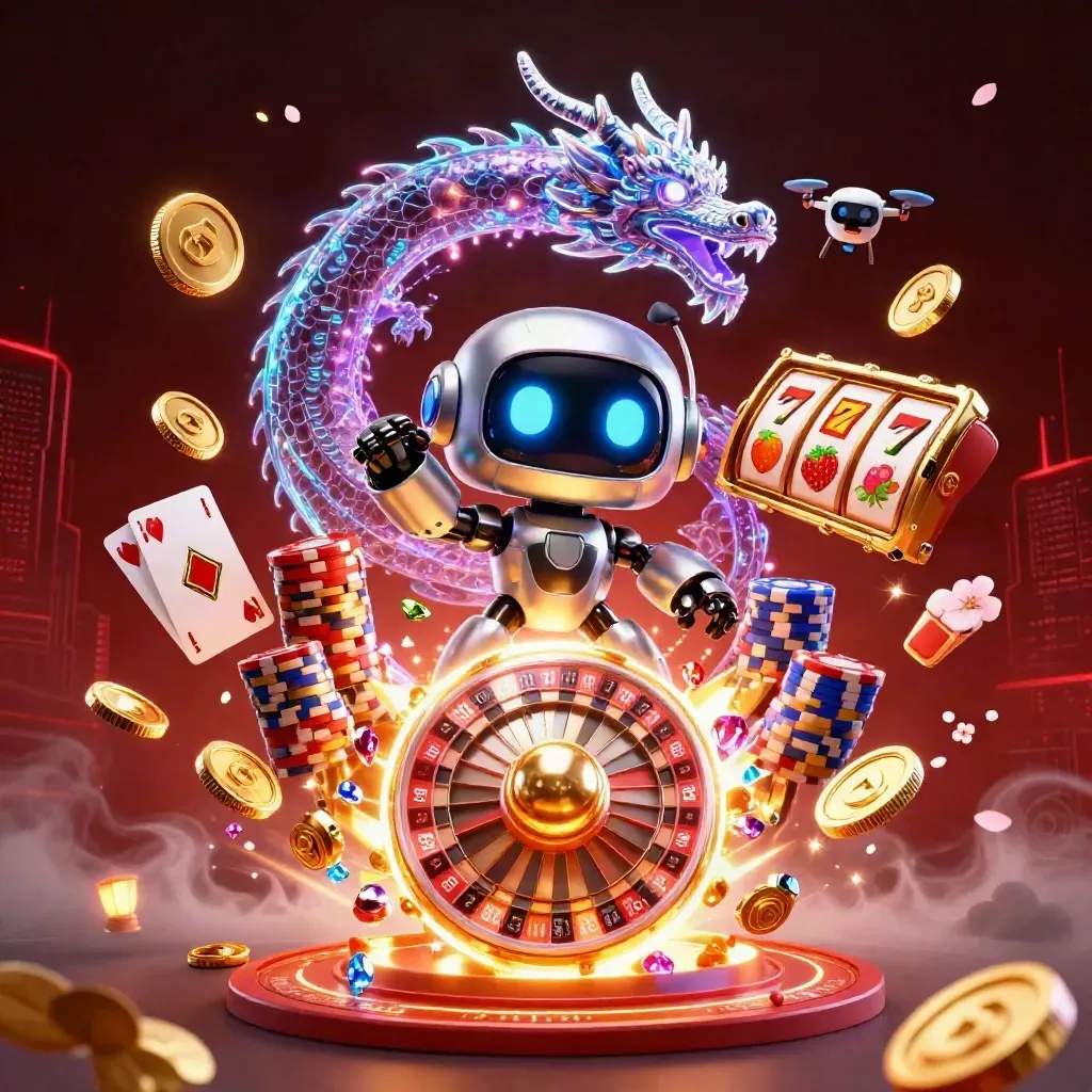Cyberpunk robot, holographic dragon, and coin drone around a glowing jackpot orb with casino sparks.