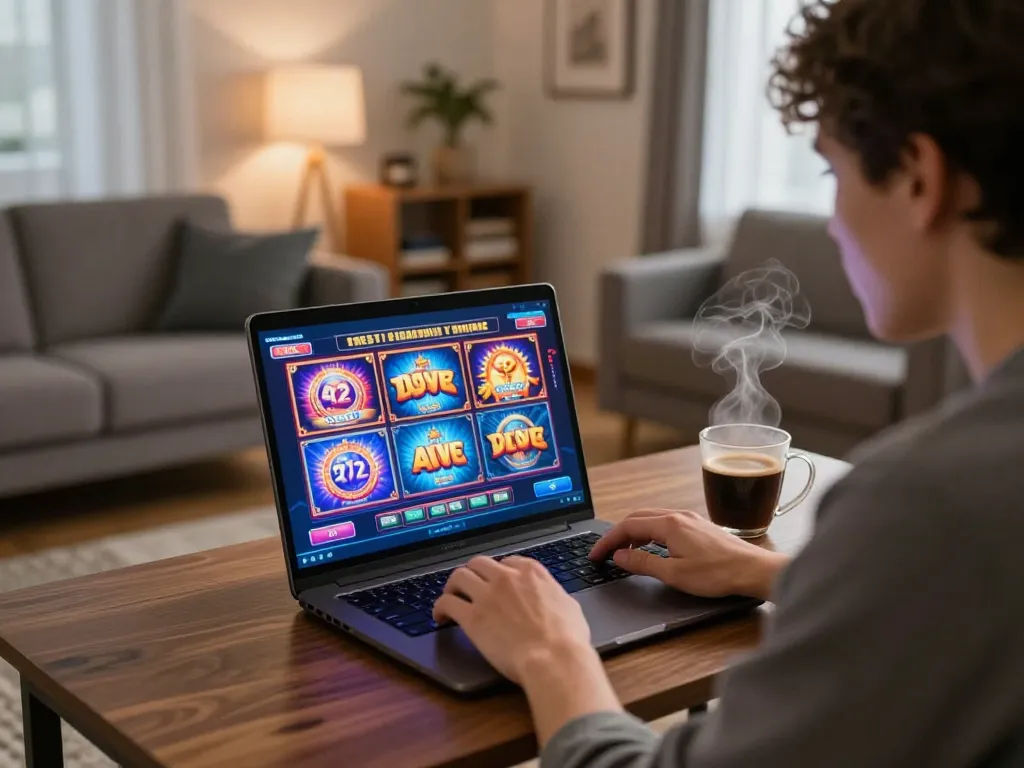 Pemain yang terlibat menikmati permainan slot di platform GOLDWIN88 dari rumahnya yang nyaman, menampilkan kegembiraan permainan online.