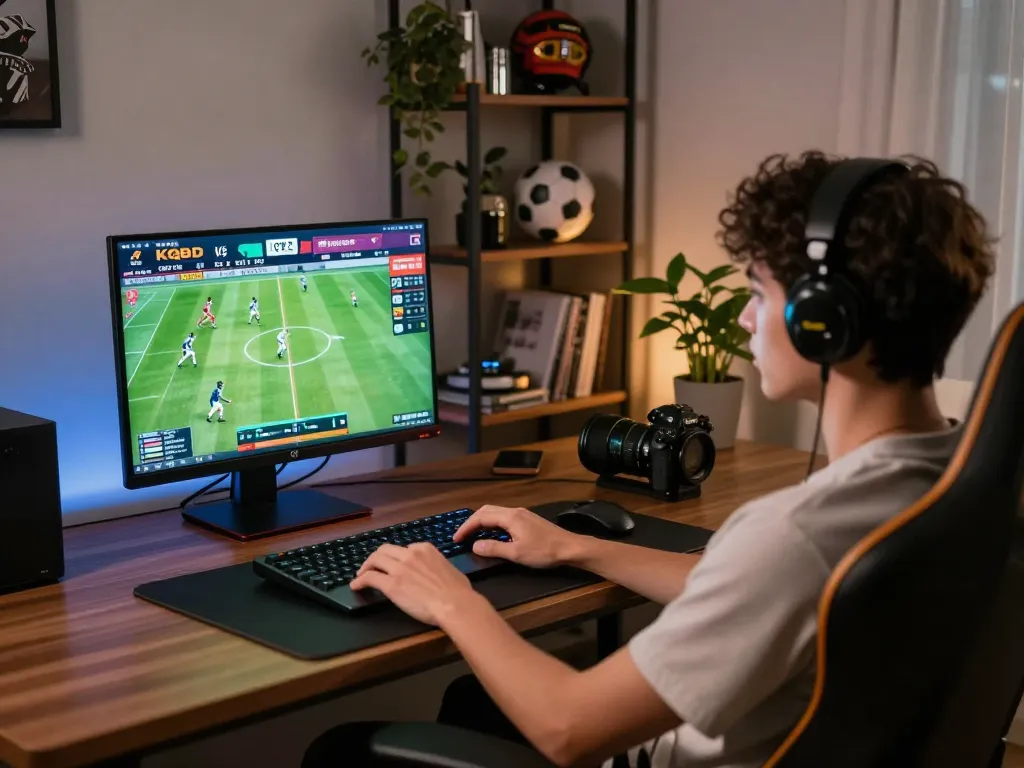 Person engaging with KQBD's live football updates on a laptop in a cozy home gaming setup.