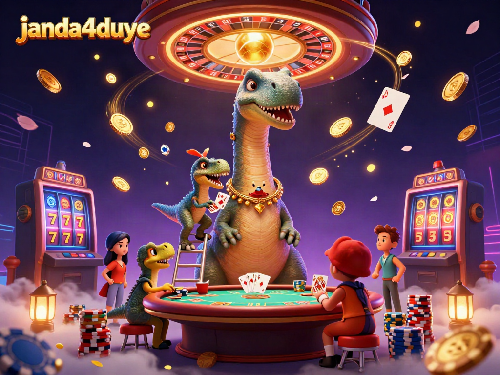 Permainan janda4duye dengan dino berukuran raksasa dan kartu poker menunjukkan royal flush yang menakjubkan.