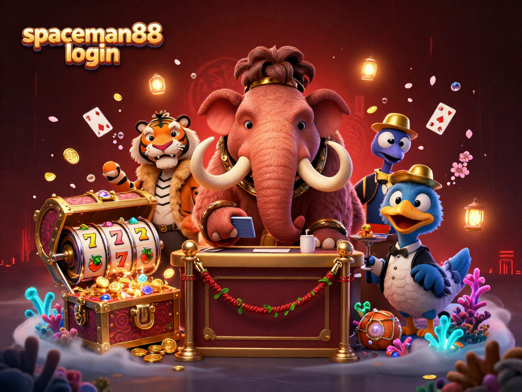 Engage in gaming excitement with spaceman88 login at a vibrant casino scene featuring unique characters.
