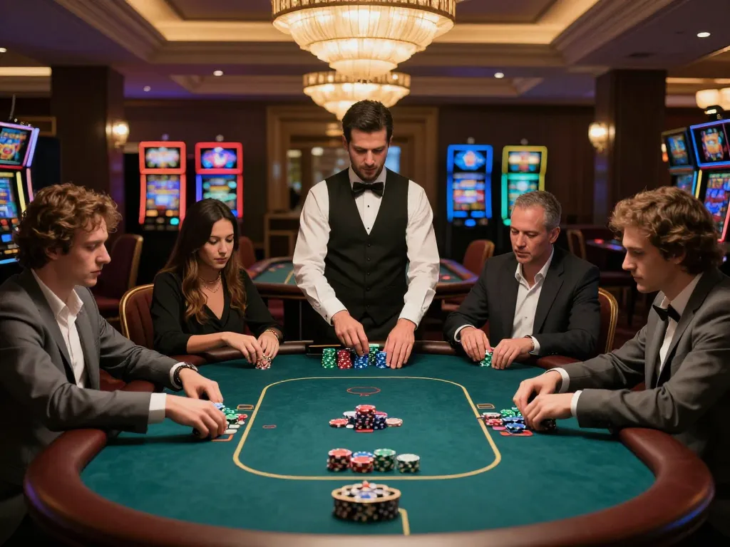 kk55 players engaged in an exciting poker game at a luxurious casino table, showcasing high-stakes gameplay.