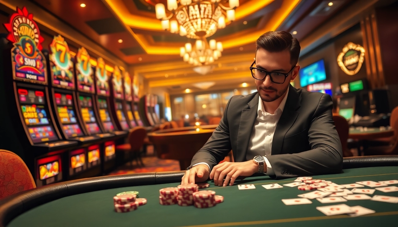 Bí kíp NK88 showcases a stylish poker table with vibrant chips and golden lights creating a luxurious gambling atmosphere.