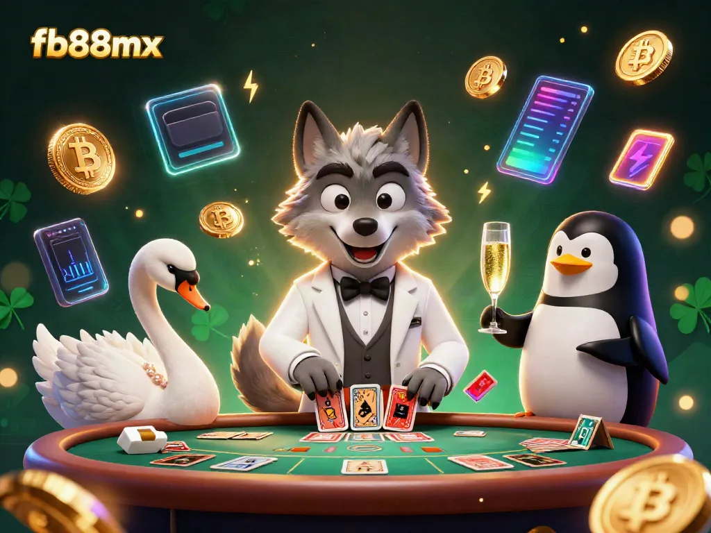Experience top-tier gambling fun with FB88MX's vibrant casino scene featuring a debonair wolf, elegant swan, and sophisticated penguin.