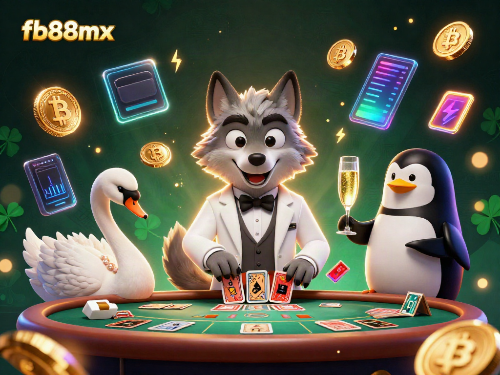 Experience top-tier gambling fun with FB88MX's vibrant casino scene featuring a debonair wolf, elegant swan, and sophisticated penguin.