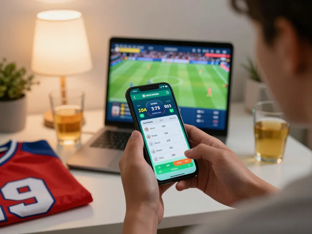 Placing bets on kebet com during a lively sports event at home with dynamic visuals.
