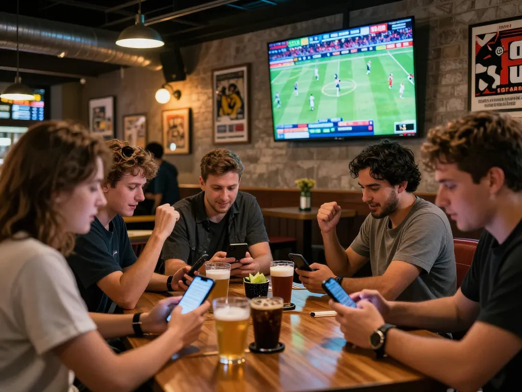 Engaged sports fans placing bets on the 11win app while watching live games in a lively sports bar.