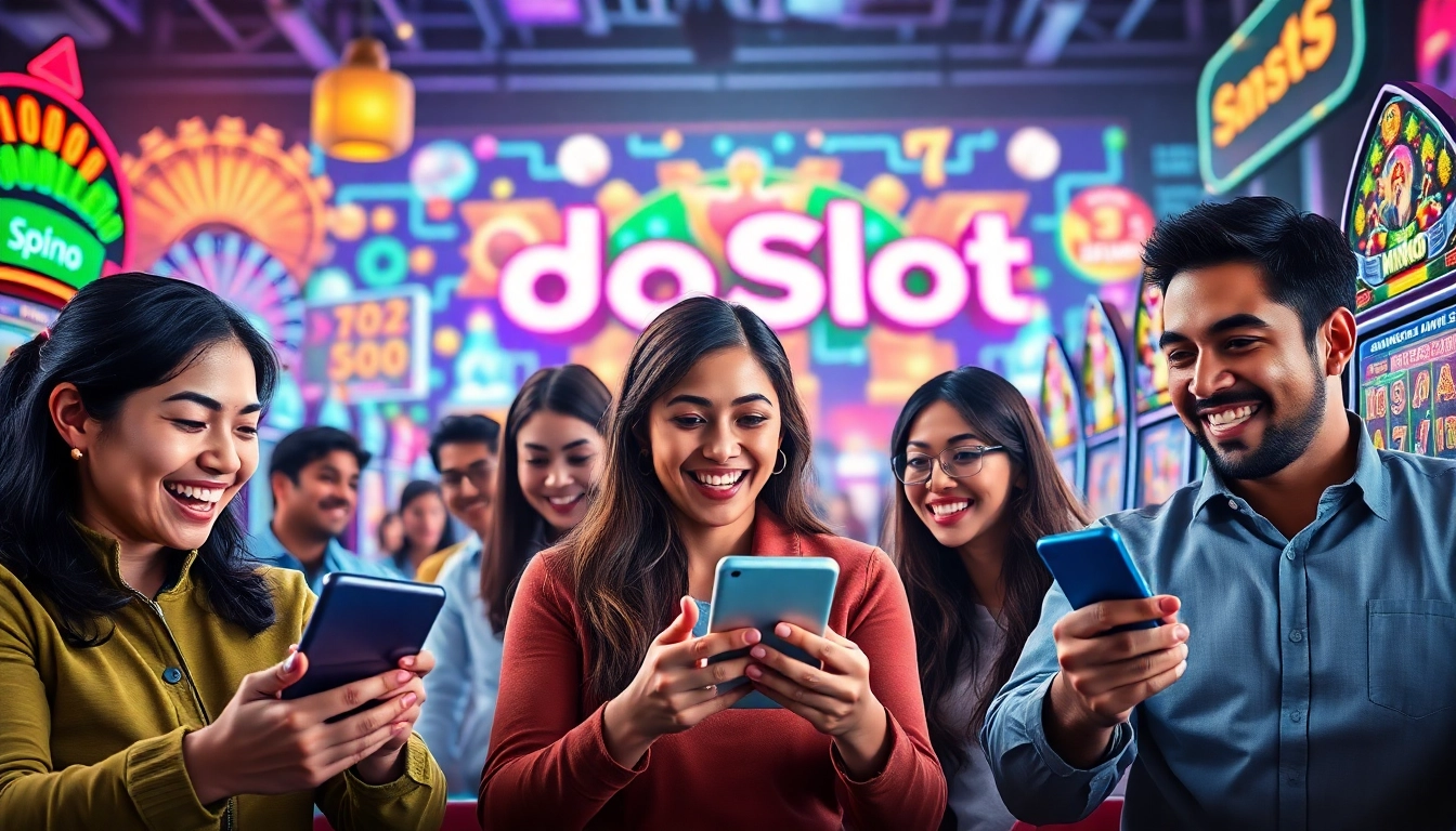 Exciting scene of online gaming featuring players engaged with doaslot on their devices amidst colorful digital slot machines.
