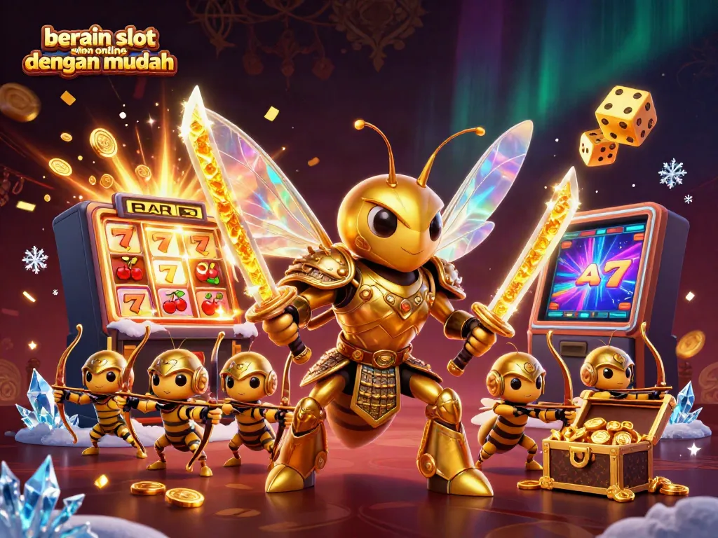 Menggandakan peluang menang dengan bermain slot online dengan mudah dalam ilustrasi karnaval penuh warna dan emas.