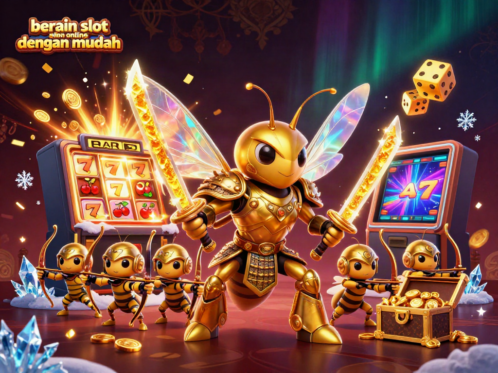Menggandakan peluang menang dengan bermain slot online dengan mudah dalam ilustrasi karnaval penuh warna dan emas.