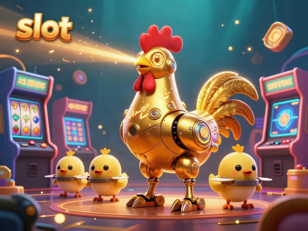 Engage in thrilling slot gaming with vibrant scenes of the golden rooster robot and baby chick drones.