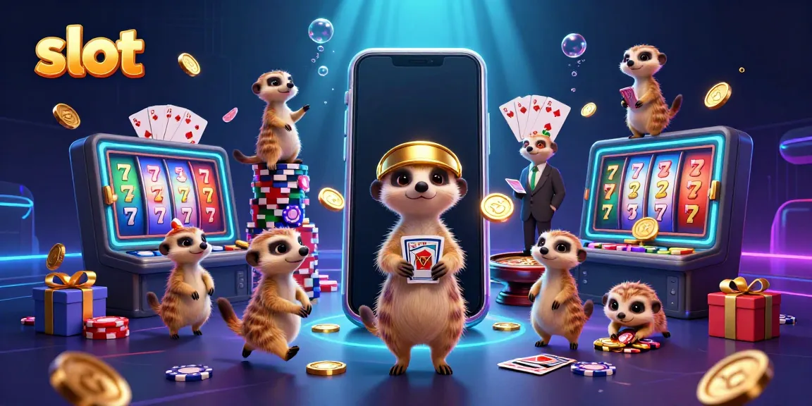 Meerkat kasino beraksi dengan slot, kartu, dan koin emas di sekelilingnya.