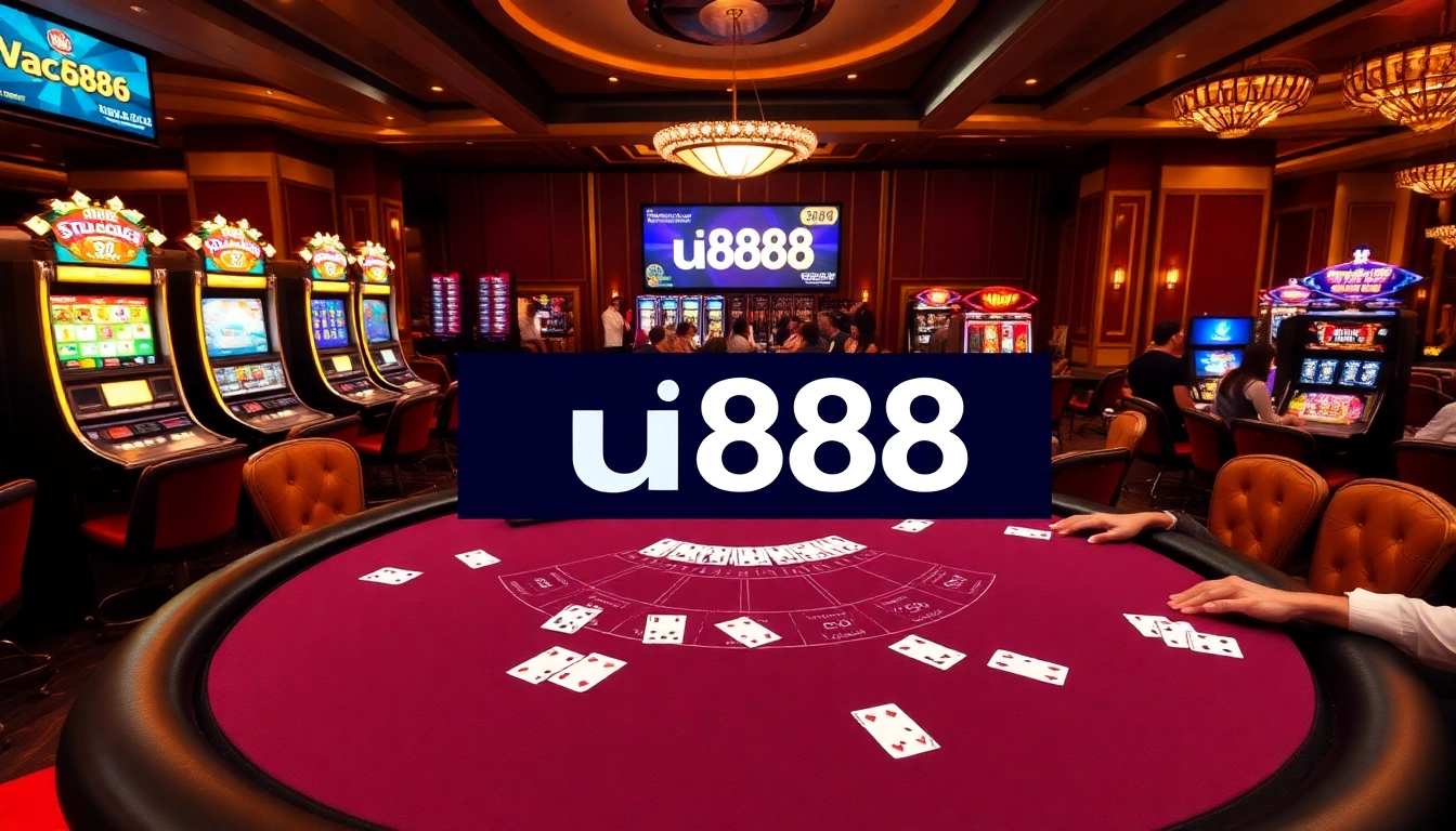Players enjoying an engaging game at the u888 casino table amidst vibrant slot machines and roulette.