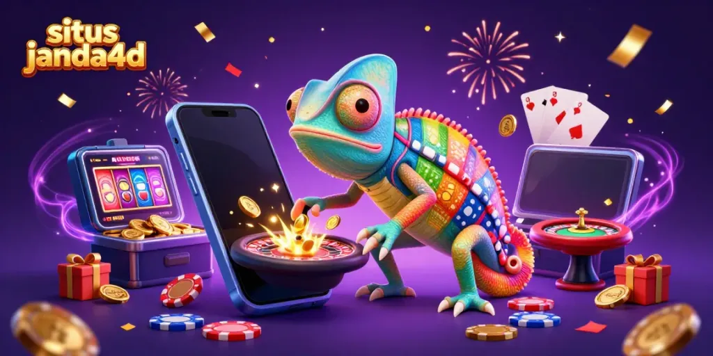 Menghadirkan situs janda4d, chameleon kasino mengawasi permainan sambil menangkap koin emas.