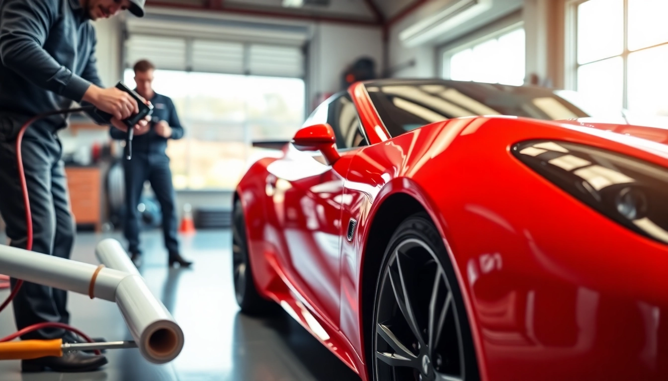 Applying paint protection film near me for a sleek car in a professional workshop setting.