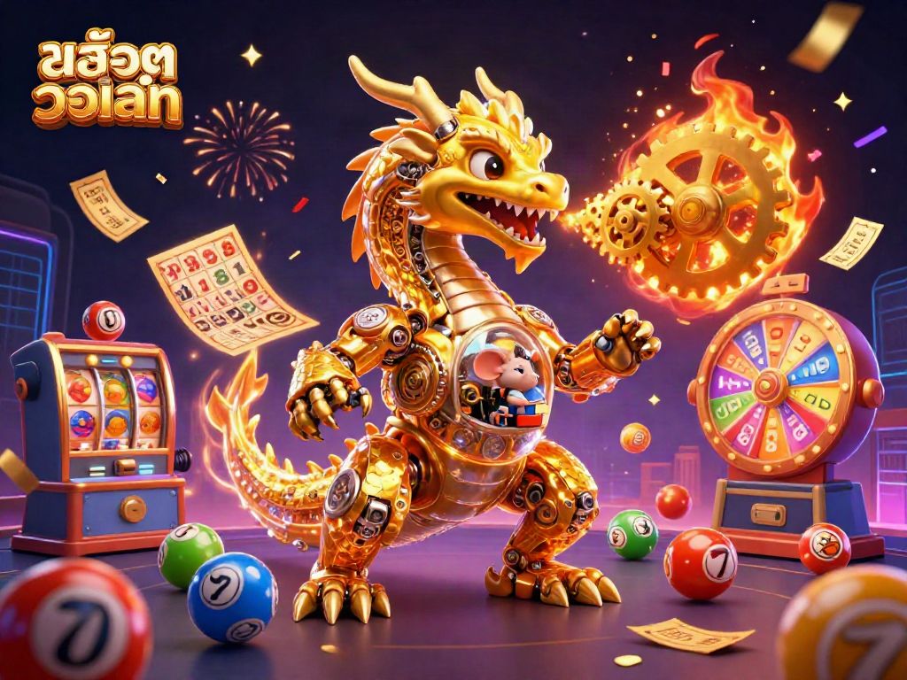 Experience the thrill of สล็อตวอเลท with a dynamic scene featuring a golden dragon, lottery elements, and slot symbols.