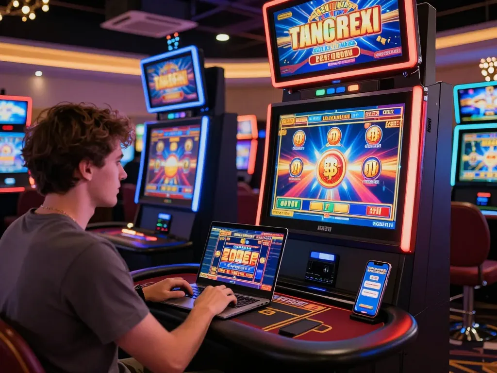 Engaging online casino player enjoying free credit 918kiss with vibrant slot machine graphics.