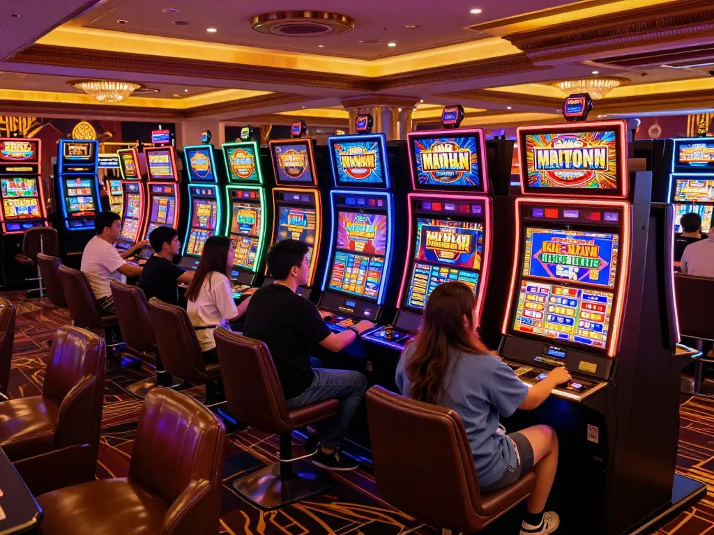 Pemain menikmati kegembiraan mesin slot merah4d di kasino yang meriah.